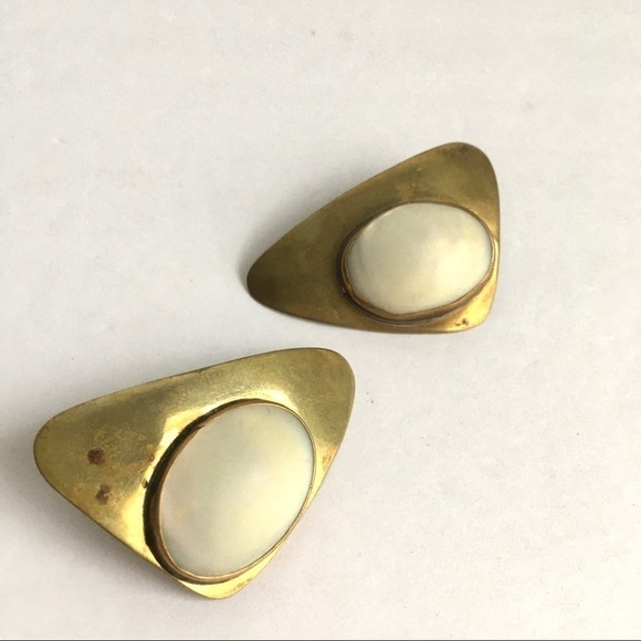 Vintage Modernist Earrings Brass Audrey Schenk Sculptural Maximalist Designer - Picture 3 of 8
